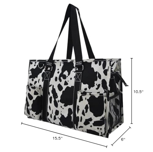 NGIL Utility Water Resistant Tote Bag | Work Tote for Women, Nurse Bag, Teacher's Choice Purse, Gym Bag, Everyday Organizer Top Zipper Closure - color: Cow Splatter-black
