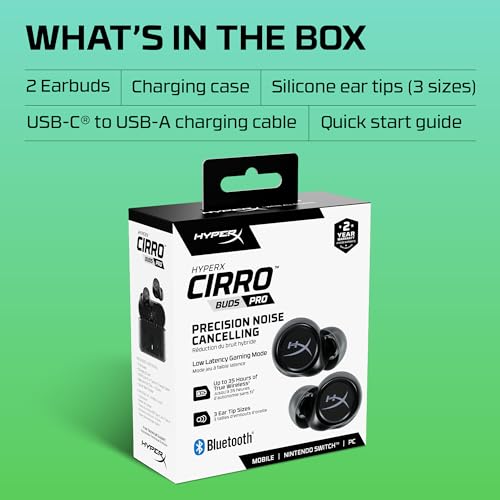 HyperX Cirro Buds Pro – True Wireless Earbuds, Active Noise Cancellation, ANC, Ambient Sound Mode, Low Latency, Bluetooth 5.2, IPX4, Fast Charge, PC, Nintendo Switch, Mobile - Black - color: Black