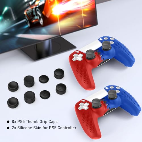 PS5 Controller Skin, Anti-Slip Soft Silicone Protective Cover Case for PlayStation 5 Controller Grip Accessories, 2 Pack with 8 x Thumb Grip Caps (Red Mix Blue) - color: Red Mix Blue