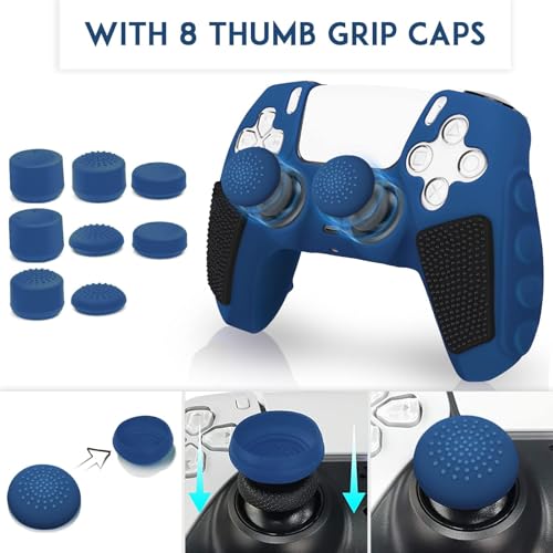 SIKEMAY Anti-Slip PS5 Controller Skin, Soft Thicken Non-Slip Studded Silicone Gel Grip Protective Cover Case for PlayStation 5 Controller Grip, 2 Pack with 8 x Thumb Grip Caps - color: Blue-Black