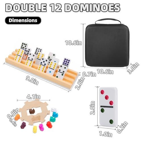 Doreimi Upgraded Mexican Train Dominoes Set with 8 Wooden Holders, Double 12 Dominos Set for Kids, Adults Travel Domino Train Set with 91 Tiles and Carry Case, Classic Board Games for Family Night - style: Dot+8 Racks+Wooden Hub