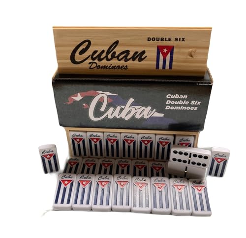 PRK 14 Cuban Double Six Dominoes Set - Classic Cubano Flag Combo Design with Wooden Box, Engraved Cuban Flag, Quality Tiles for Authentic Domino Experience