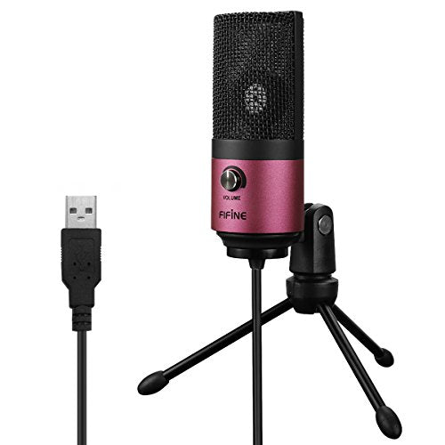 FIFINE USB Microphone, Condenser Podcast Mic with Volume Knob Control, Metal Tripod Stand, USB Cable for Recording, Online Meeting, Streaming, Video Conferencing, PC Desk Microphone-K669 Rose Red | PC Desk Microphone with Volume Knob Control, Metal Tripod