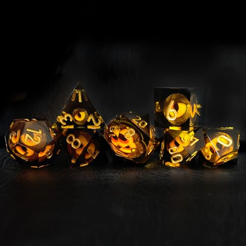 BESCON Dragon's Eye Sharp Edged Polyhedral Dice Set of 7, Handmade Dragon's Eye Dice for Role Playing Game - color: Amber Eye Set
