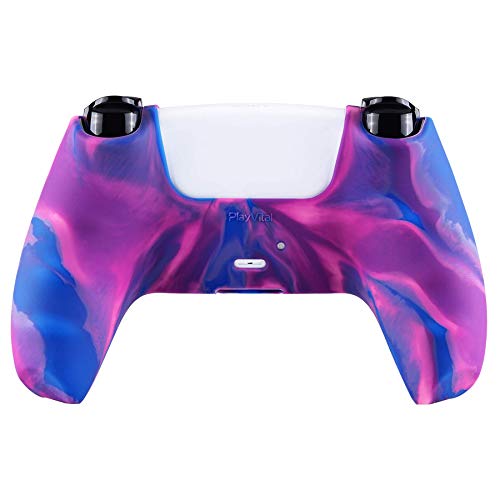 PlayVital Tri-Color Pink & Purple & Blue Camouflage Anti-Slip Silicone Cover Skin for ps5 Controller, Soft Rubber Case for PS5 Wireless Controller with Black Thumb Grip Caps - color: Pink Purple Blue