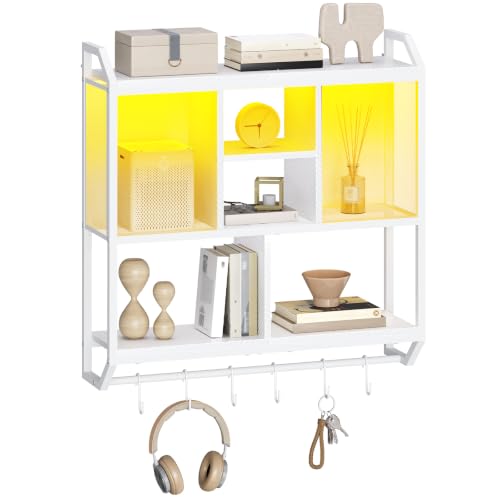 HOOBRO Gaming Floating Shelves with LED Lights, 28.7" LED Wall Mounted Shelf, 3-Tier Display Rack for Wall Storage, Floating Rack with Hanging Rod and 6 S-Hooks, for Gaming Room, White WT70DBJ01 - color: White