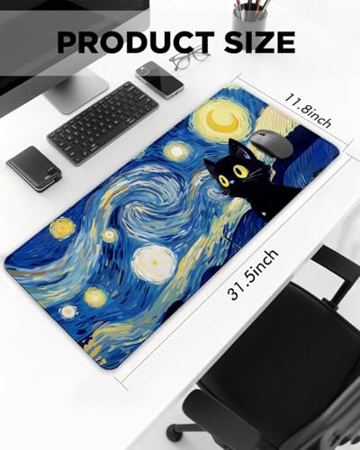 Mouse Pad, Desk Mat, 31.5x11.8in Large Mousepad | Desk Pad with Stitched Edge & Rubber Non-Slip Bottom, Gaming Mouse Pad, Mousepad for Home, Office, Blue Starry Sky Cat - color: Blue Starry Sky Cat