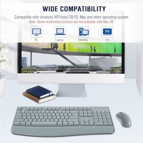 Wireless Keyboard and Mouse Combo, EDJO 2.4G Full-Sized Ergonomic Computer Keyboard with Wrist Rest and 3 Level DPI Adjustable Wireless Mouse for Windows, Mac OS Desktop/Laptop/PC(Grey) - color: Gray