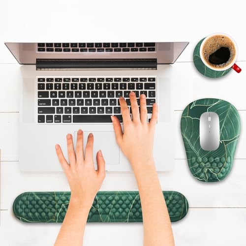 Ergonomic Mouse Pad and Keyboard Wrist Rest with Massage Design, Space-Saving Mouse Pad Wrist Support, Memory Foam Wrist Rest with Non-Slip PU Base for Computer Desk, Green Leaves - color: Massage02-green Leaves