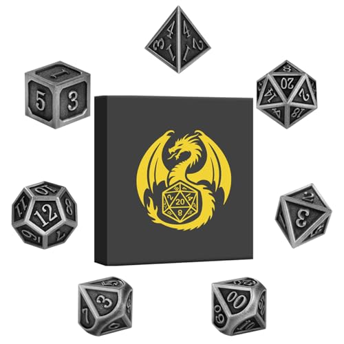 Metal Dice Set, 7pcs Polyhedral Metal DND Dice Set, DND Starter Set, D&D Gifts with Gift Box, Role Playing Board Games Accessories, Silver - color: Silver + Gift Box