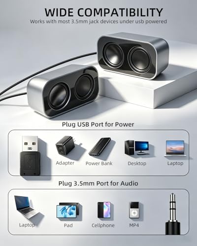 GELRHONR Computer Speakers for Desktop PC, 2×3W Small Stereo Speakers,USB Powered with 3.5mm Aux and Volume Control,Plug and Play for Laptop,Tablet 1.2M,Grey