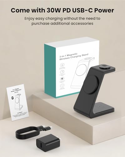 Magsafe Wireless Charging Station for iPhone: 3 in 1 15W Magnetic Portable Desktop Charging Station for iPhone17/16/15/14/13/12 Series, Apple Watch, AirPods 4/3/2/Pro - color: Matte Black