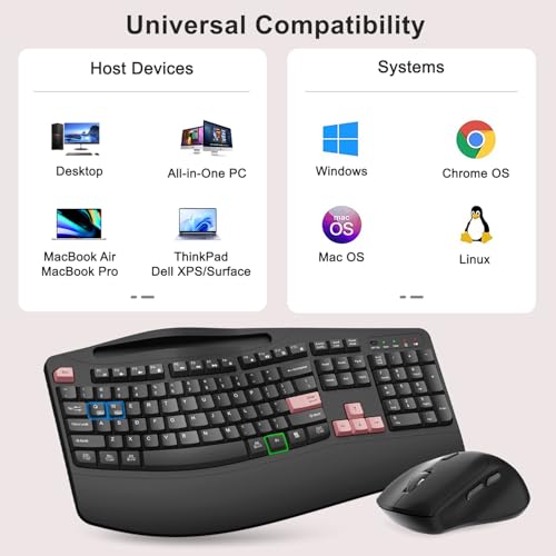 Wireless Keyboard and Mouse Combo, Full Size Ergonomic Wave Keys(Pink-B) | 2.4G Ergonomic Keyboard with Wrist Rest, Phone Holder, 3-Level DPI Silent Mouse with 6-Buttons, for Windows/Mac OS/Laptop/PC - color: Pink