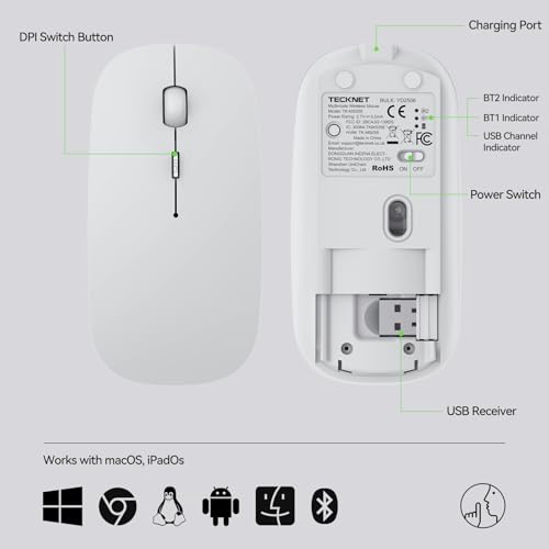 TECKNET Wireless Mouse, 4800 DPI Rechargeable Bluetooth Mouse for Laptop | Bluetooth 5.2/3.0 & 2.4G, Ultra-Thin, 6-Level Adjustable 4800 DPI Computer Mouse for Mac OS, iPad, Windows, Android - color: white