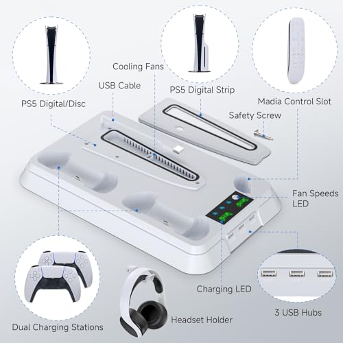 PS5 Cooling Station and PS5 Stand with Controller Charging Station for PS 5 Console - color: white