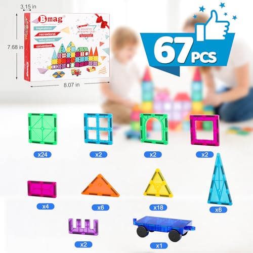 Bmag Magnetic Tiles, 67 PCS with 1 Car Building Blocks for Toddlers, 3D Magnet, STEM Educational Learning Building Blocks for Kids Children, Stacking Montessori Toys Gifts for Boys Girls - size: 67