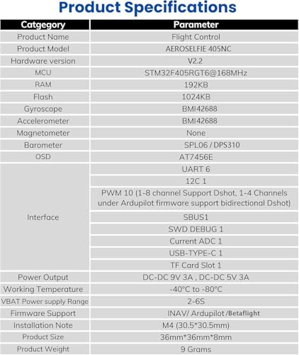 AERO SELFIE F405NC Drone Flight Controller, 2-10S LiPo, BMI42688 IMU, SPL06/DPS310 Barometer, OSD, 6 UART, 10 PWM, BEC 5V/9V, MicroSD Slot, Supports Betaflight, Ardupilot, INAV