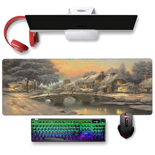 XXL Gaming Mouse Pad 35.4x15.7 inch, Christmas Art Rustic Landscape Theme Desk Mat, River Village Oil Painting Scene Large Mousepad,Fantasy Artistic Keyboard Mouse Mat (Northern Snowscape) - color: Northern Snowscape