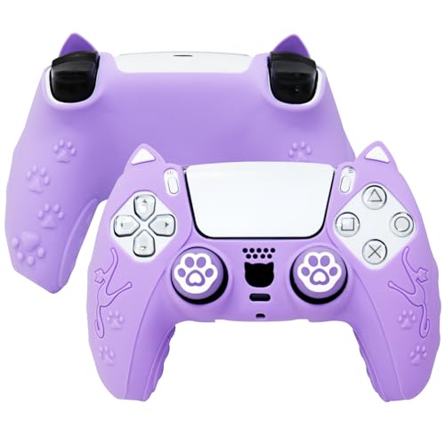 Purple Cat Ear PS5 Controller Cover - Cute Silicone Skin with Cat & Paw Prints + 2 Matching Lavender Cat Paw Thumbstick Caps | Kawaii Grip for PlayStation 5 - color: Lavender Purple