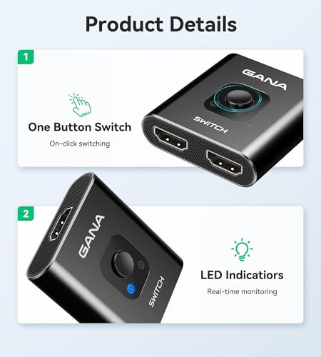 HDMI Switch 4k@60hz Splitter, GANA Aluminum Bidirectional HDMI Switcher 2 in 1 Out, Manual HDMI Hub Supports HD Compatible with Xbox PS5/4/3 Blu-Ray Player Fire Stick Roku - color: Black (No Cable)