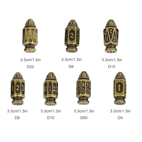 UDIXI Metal DND Bullet Dice Set, Polyhedral Bullet Metal Dice Set Bronze | 7PCS, Cool Style, Magazines Container and PU Leather Bag, for D&D Dungeons and Dragons Role Playing Games and Tabletop Games - color: Bronze