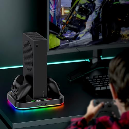 Cooling Stand for Xbox Series S with RGB Light, MENEEA Fast Charger Station with 2x1400mAH Batteries,Cooler Accessories with 3-Speed Adjustable Fan, Dual Charger Dock, 15 Light Modes, 2.0 USB Port - color: Black