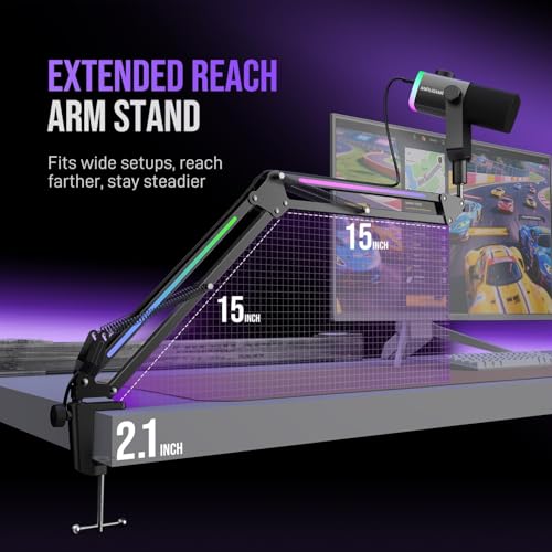 FIFINE Microphone Boom Arm, Metal Adjustable Mic Arm Stand with RGB Control, 3/8” to 5/8” Screw Adapter, Desk Mount Clamp, Suspension Scissor Mic Stand for Gaming Streaming Podcast-AmpliGame BM38 | Gaming RGB Mic Arm, Desk Mount Clamp, 3/8” to 5/8” Screw