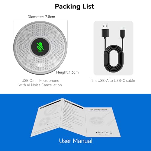 ANSTEN USB Microphone No Speaker, Laptop Computer Microphone Conference Mic | Mute Button with LED, Omnidirectional Condenser PC Desktop Mic, AI Noise Reduction, Plug & Play for Online Class Video - color: Silver