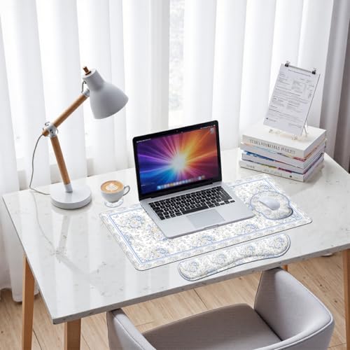 Blue Rose Desk Mat Set White Floral Large Mouse Pad with Wrist Rest 4in1 Desk Mat for Desktop Ergonomic Computer Desk Arm Wrist Anti-Slip Computer Ergonomic Mouse Pad Home Office Gaming - color: Blue Rose