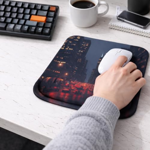 Ergonomic Memory Foam Mouse Pad with Wrist Support, Orange, Ultra-Smooth Surface, Anti-Slip Base (City, Medium) - color: City