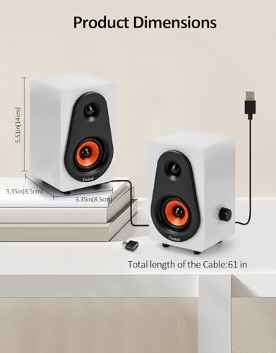 White Computer Speakers, White Wooden Desktop Speakers with Dual Diaphragms,12W USB High-Fidelity Stereo for PC, Laptop, Monitor, Tablet – USB Powered with Built-in Audio Output
