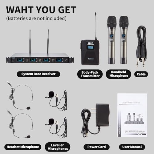 4 Channel Wireless Microphone System UHF 2 Cordless Handheld Mics and 2 Lavalier Headset Mics for Karaoke Church Speaking Conference Meeting Party, 4x25 Adjustable Frequency (2 Handheld + 2 Bodypack) - size: 2 Handheld + 2 Bodypack