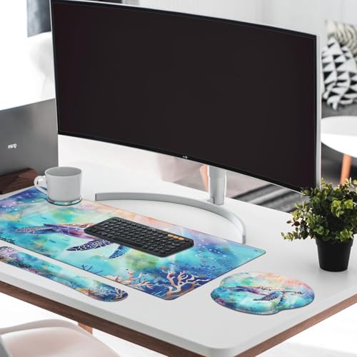 Britimes Sea Turtle Cute Ocean Keyboard Mouse Pad Set 4in1 Large Mousepad+Keyboard Wrist Rest+Mouse Wrist Rest+Coaster Set with Ergonomic Design for Home Office Computer 35.4x15.7 inches - color: Sea Turtle
