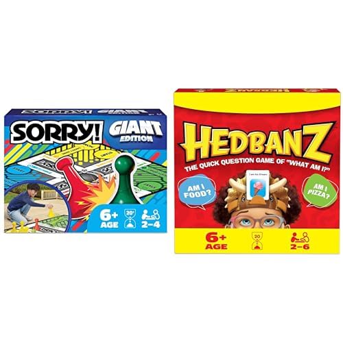 Giant Sorry! Classic Board Game & Hedbanz 2023 Edition Bundle - Family Game Night Pack with Oversized Gameboard and Picture Guessing Game, Ages 6 & Up