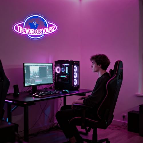 The World is Yours Neon Sign, Led Neon Light Signs for Game Room Wall Decor Gaming Planet LED Light up Sign Lamp for Man Cave Party Bedroom Bar Birthday Gamer Gift Dimmable USB Powered(16.2"*9.5") - style: The World 1