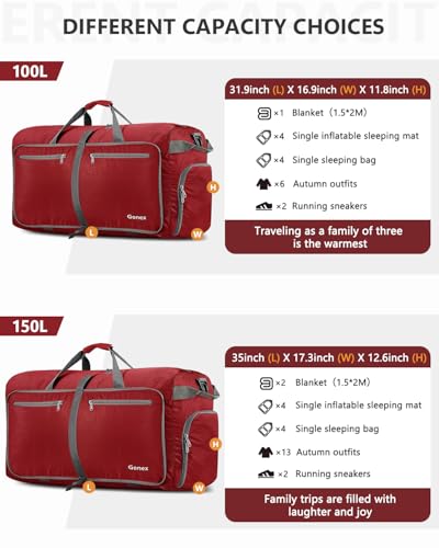 Gonex Large Foldable Travel Duffle Bag with Shoes Compartment, Packable Lightweight Water Repellent Duffel Bag for Camping Gym Weekender Bag - color: Red, size: 60L