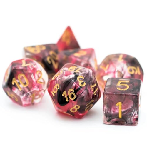 UDIXI Resin DND Dice Set 7PCS Polyhedral D&D Dice for Role Playing Games | Red Black Colors, Dreamy Effect, Velvet Dice Bag Packaging, for Dungeons and Dragons Role Playing Games and Tabletop Games - color: S-red and Black