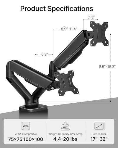 monTEK Dual Monitor Arm for 17-32" Flat/Curved Screen up to 19.8 lbs | Mechanical spring, full motion dual monitor mount, height adjustable, alloy steel, easy assembly, clamp/grommet, VESA 75/100 - size: Dual Arm