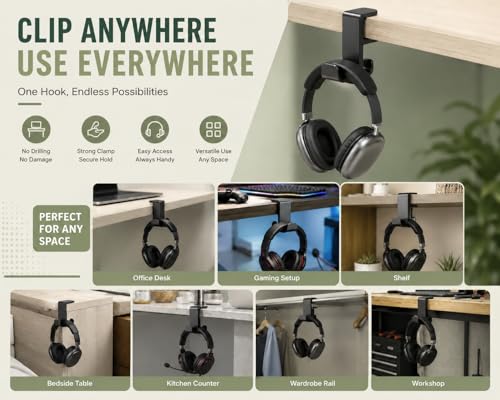 Headphone Holder for Desk, 360° Rotating Dual Hook Under Desk Headset Hanger with Adjustable Clamp, Space-Saving Desk Organizer for Gaming Setup, Office & Study Desk, Black