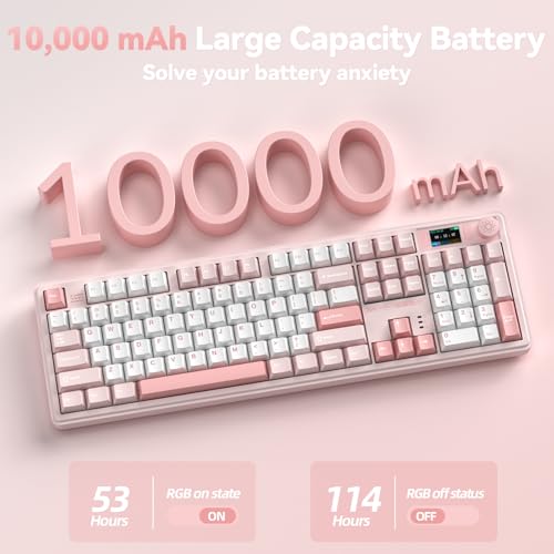 LINGBAO K108 Pro Wireless Mechanical Keyboard with Screen & Knob, Full Size Creamy Keyboard with Number Pad, 10000mAh Battery, PBT Keycaps, RGB Backlit, Hot-swappable Pink Gaming Keyboard for PC/Mac - color: White & Pink