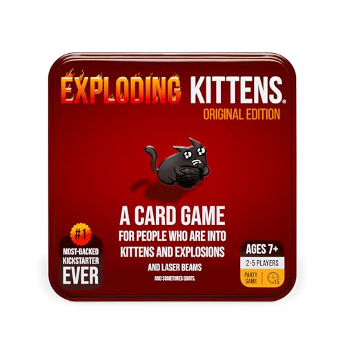 Exploding Kittens Original Edition in Collectible Tin - Fun & Hilarious Card Game for Kids and Adults, Ideal for Party Family Game Night and Party, 56 Cards Included | Draw cards, betray friends, and try not to explode! The quick-to-learn family card game