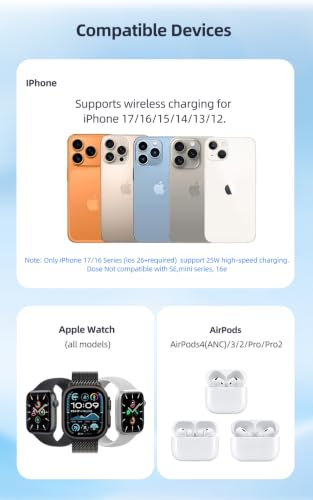 25W Wireless Charger 3 in 1 Magnetic Charging Station with TEC Active Cooling, Qi2.2 Certified Fast Charging Stand for iPhone 17 Pro Max/16/15, Apple Watch & AirPods, 65W Adapter Included
