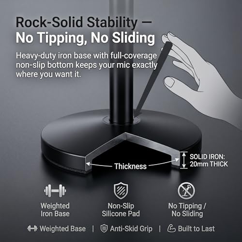 Microphone Desk Stand with Weighted Iron Base, Non-Slip Bottom for Podcast, Gaming, Home Studio, Tool-Free Setup (Without Boom Arm)