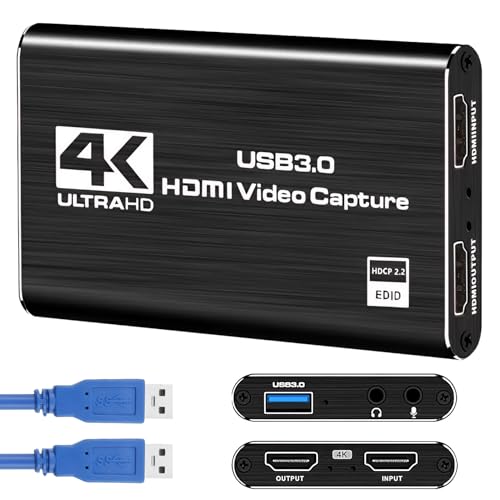4K HDMI Video Capture Card for Streaming, 1080P 60FPS USB 3.0 Game Capture Device with Audio, Zero-Lag Capturadora De Video for Nintendo Switch PS5 Xbox PC OBS Live Recording