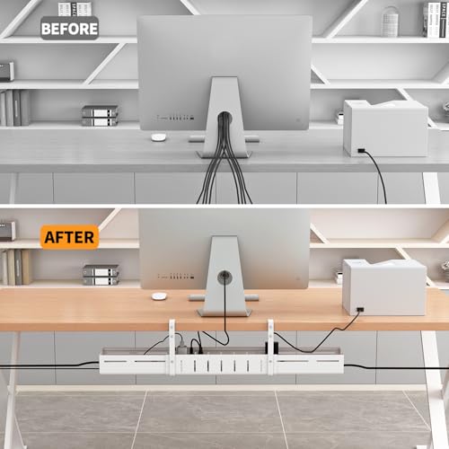 Under Desk Cable Management Tray, Expandable Length 25.2"-38.6",No Drill No Damage to Desk,Cable Tray with Clamp for with Wire Management,for Cord Organizer for Home Office Standing Desk, White