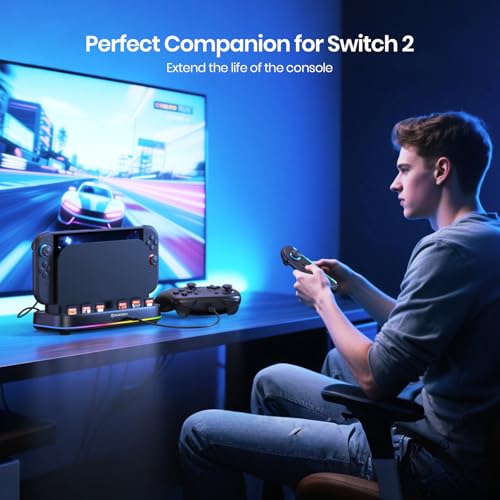 NEWDERY Cooling Fan for Nintendo Switch 2 Dock, Dual-Fan Cooling Stand | 3 Adjustable Speeds, RGB Light Modes, 6 Game Card Slots and 3 USB Ports for Cooling Control, Storage and Easy Expansion