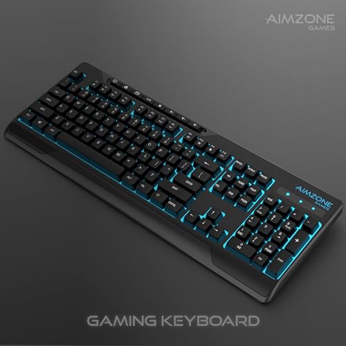 Aimzone Backlit Gaming Keyboard, Ergonomic Quiet Membrane Led Keyboards, 8 Extra On-Board Multimedia Keys, Anti-Ghosting, Dedicated Media Control, Wired, USB, Black (Keys Don't Light Up)