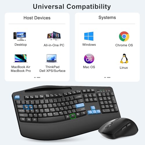 Wireless Keyboard and Mouse Combo, Full Size Ergonomic Wave Keys(Blue) | 2.4G Ergonomic Keyboard with Wrist Rest, Phone Holder, 3-Level DPI Silent Mouse with 6-Buttons, for Windows/Mac OS/Laptop/PC - color: Blue Black
