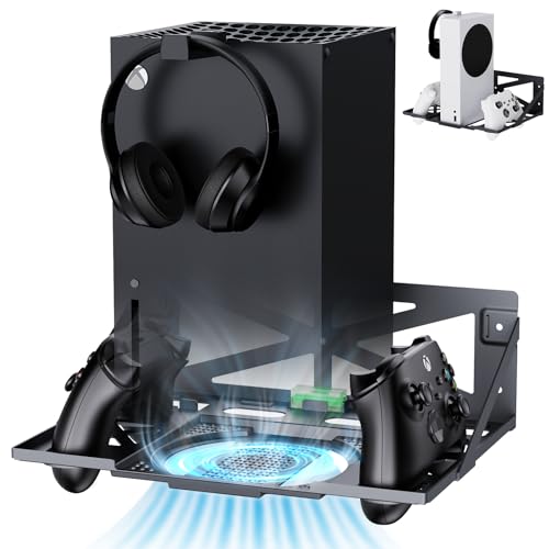 Wall Mount for XB Series X/S with 2 Headset Stand, Luckit Metal Wall Mount Kit Compatible with XB Series X/S Console and Dual Controller Accessories, Efficient Ventilation Design Wall Shelf - size: Wall Mount
