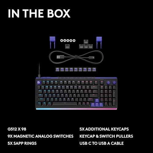 Logitech G512 X 98 TMR + Linear Switch Mechanical Gaming Keyboard - Black | Hot-Swappable 9x TMR Rapid Trigger + Linear Mechanical Switches, Gasket, PBT Keycaps, <8K, LIGHTSYNC RGB, for PC & Mac - color: Black, size: 98 percent, style: Linear Switches